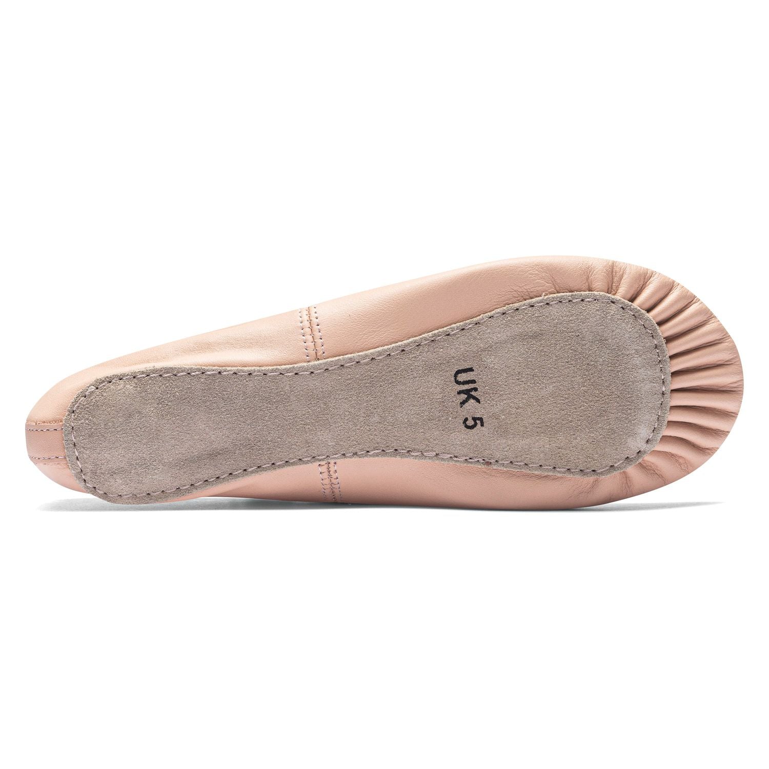 Unteransicht eines Rosa Rumpf 1001 Ballettschläppchens in UK 5 mit Chromledersohle, perfekt für Anfänger.